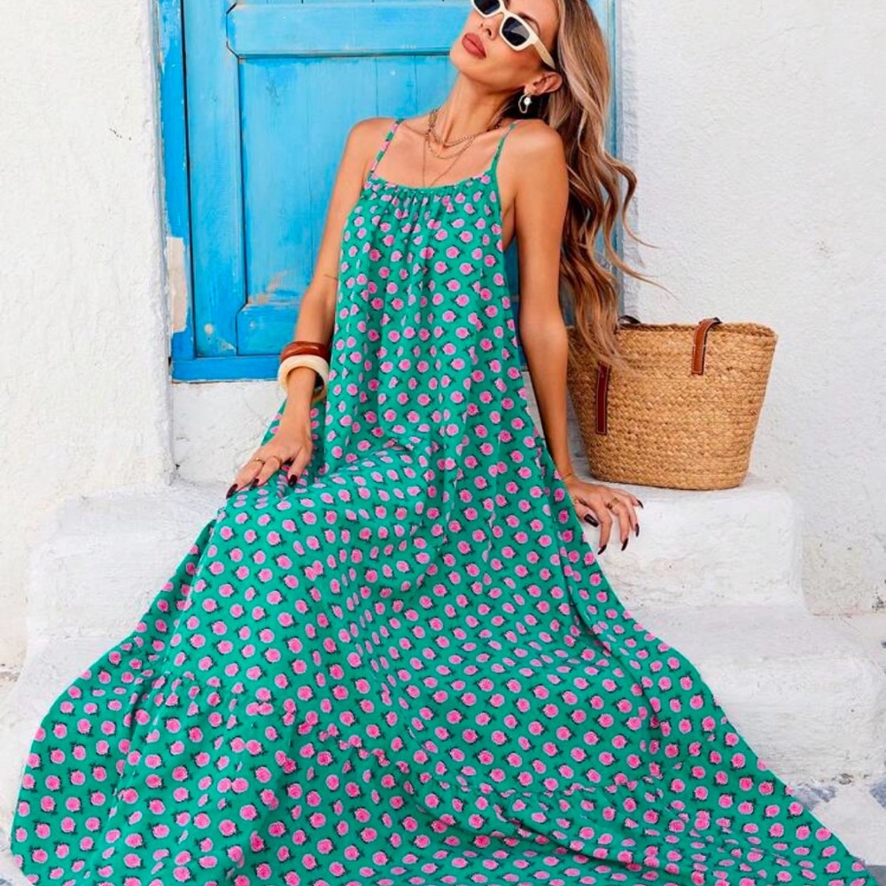 Green and Pink Tiered Maxi Sundress with Spaghetti Straps